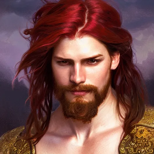 Prompt: portrait of a young pirate captain, male, masculine, handsome, upper body, red hair, long hair, cheerful, D&D, fantasy, intricate, elegant, highly detailed, digital painting, artstation, concept art, sensual, cinematic lighting, cutscene, sharp focus, illustration, art by Artgerm and Greg Rutkowski and Alphonse Mucha