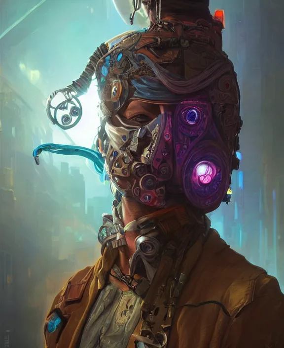 Image similar to portrait of a cyberpunk masked nomad, half body, glowin eyes, d & d, fantasy, intricate, elegant, highly detailed, colorful, vivid color, digital painting, artstation, concept art, art by artgerm and greg rutkowski and alphonse mucha and ruan jia