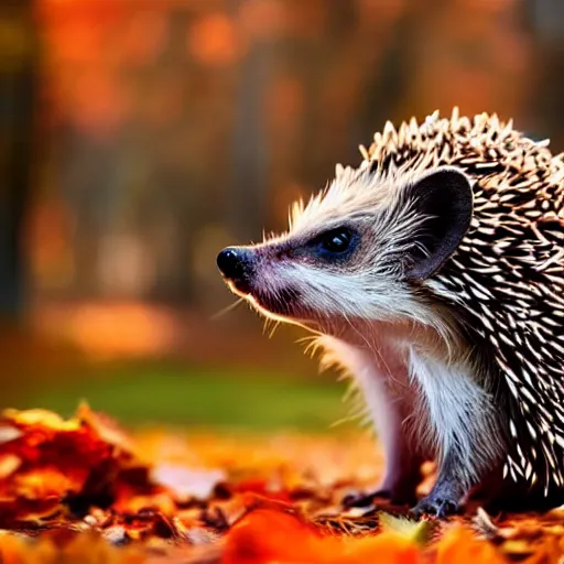 Image similar to hedgehog in the style of tom chambers, warm colours, autumn colours, cinematic lighting, front profile