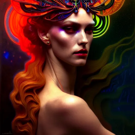 Prompt: extremely psychedelic beautiful cyborg queen of lsd infected by night. intricate, elegant, highly detailed, extremely lifelike photorealistic digital painting, artstation. steichen, gaston bussiere, tom bagshaw, cyberpunk alphonse mucha. elegant minimalism. anatomically correct. sultry. sharp focus. black, red accents. surreal lush hallucination