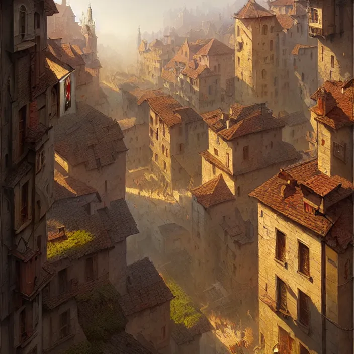 Prompt: matte painting by marc simonetti, jonathan solter, greg rutkowski of a small village, masterpiece, cinematic, hyperdetailed, photorealistic, hyperrealism, architecture, aerial view,