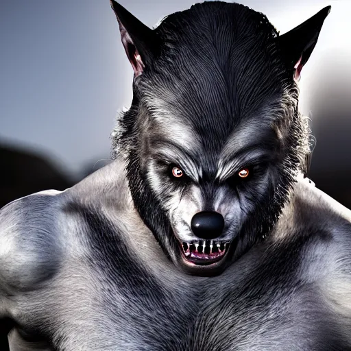 Image similar to man transforming into a werewolf at night with black realistic fur, ultra detail, unreal engine, 8 k
