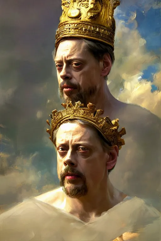 Image similar to beautiful impressionistic oil painting portrait of ancient roman god emperor steve buscemi ascending wearing the civic crown levitating in religious pose, art by anders zorn, wonderful masterpiece by greg rutkowski, expressive brush strokes, beautiful cinematic light, american romanticism by greg manchess, jessica rossier