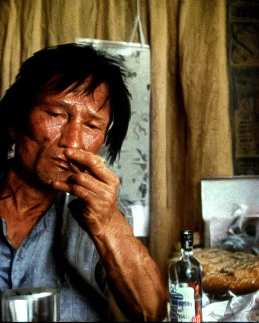 Prompt: sixty years old viktor tsoi drink vodka, bottle of vodka, bread, sad look, smoking cigarette, color photo, in the style of documentary journalism, close up photo, kodak gold