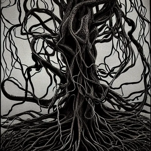 Prompt: award - winning painting of pitch black, tar - like, shadow roots with lots of tendrils spreading everywhere, intricate detail, deep black roots, infestation, shadowy, lovecraftian, beksinksi, black and white, chiaroscuro