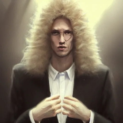 Image similar to Portrait of an androgynous man by Greg Rutkowski, he is about 30 years old, mixture between russian and irish, long fluffy blond curly hair, attractive, extremely pale white skin, smart looking, he is wearing a black futuristic lawyer outfit, highly detailed portrait, scifi, digital painting, artstation, concept art, smooth, sharp foccus ilustration, Artstation HQ