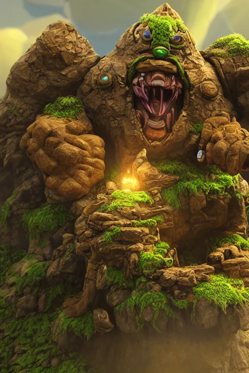 Image similar to zelda fantasy art giant golem troll wood rock greeble gemstone, global illumination ray tracing hdr fanart arstation by sung choi and eric pfeiffer and gabriel garza and casper konefal