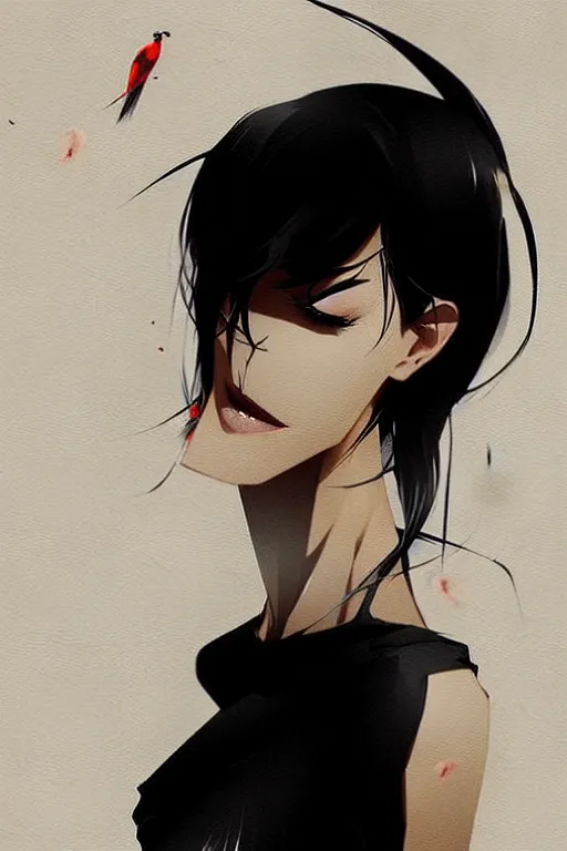 Image similar to a ultradetailed beautiful panting of a stylish woman wearing a black dress, by conrad roset, greg rutkowski and makoto shinkai, trending on artstation