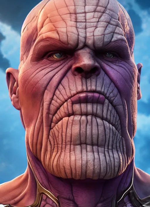 Image similar to thanos, au naturel, hyper detailed, digital art, trending in artstation, cinematic lighting, studio quality, smooth render, unreal engine 5 rendered, octane rendered, art style by klimt and nixeu and ian sprigger and wlop and krenz cushart