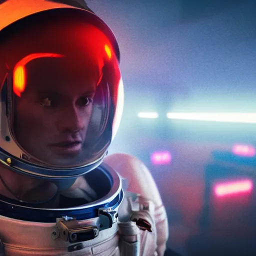 Image similar to professional photo of astronaut from front standing very close to camera from low angle shot, cyberpunk, synthwave, blade runner, hyperrealistic masterpiece, trending on artstation, cgsociety, kodakchrome, golden ratio, cinematic, composition, beautiful lighting, hyper detailed, sharp focus, octane render, 4 k, unreal engine