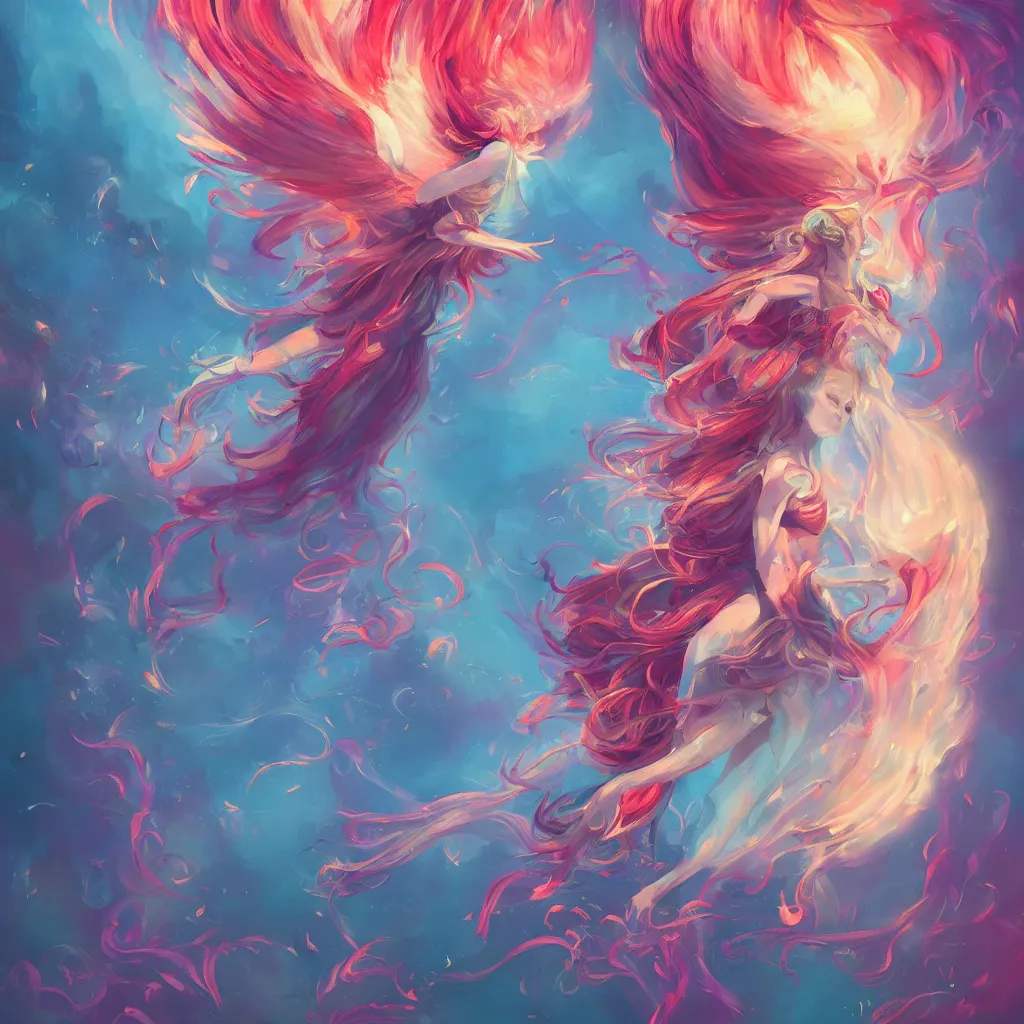 Image similar to a colorful and provenance illustrations painting of the fantasy angel flying with floral wings, highly detailed, her hair made of hair made of air wind and curling smoke, mist, dust, genie, spirit fantasy concept art, art by aenami, alena, afshar, petros and leonid, trending on artstation.