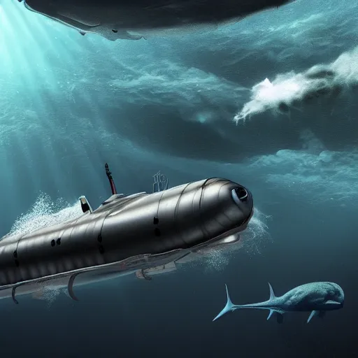 Prompt: photo by national geographic, a small submersible submarine being chased by a gigantic megaladon, 4 d, 4 k, volumetric lighting, photorealistic, light ray, hyperdetailed