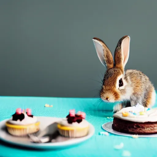 Image similar to photo of baby rabbit eating birthday cake, cinematic, 4 k, highly detailed, strong bokeh