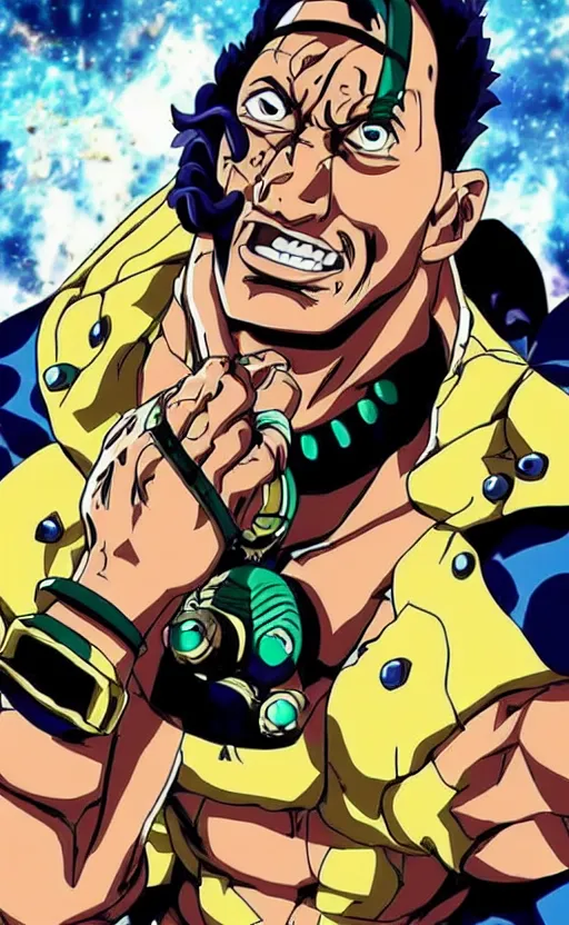 Prompt: Dwayne Johnson in JoJo's bizarre adventure anime style