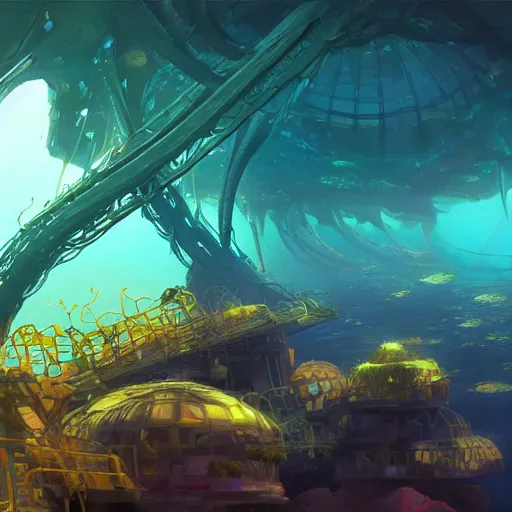 Image similar to underwater city wide angle kelp trees, retro futuristic, domes in the style of dinotopia, Yanjun Cheng and Hsiao-R