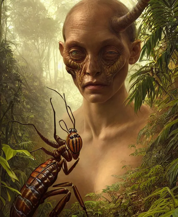 Prompt: intricate earth - toned portrait of a disturbing terrifying alien insect creature, mottling coloring, adorable, childlike, overgrown jungle environment, ultra realistic, concept art, maximalist, photorealistic, octane render, 8 k, unreal engine. art by christopher marley and artgerm and greg rutkowski and alphonse mucha