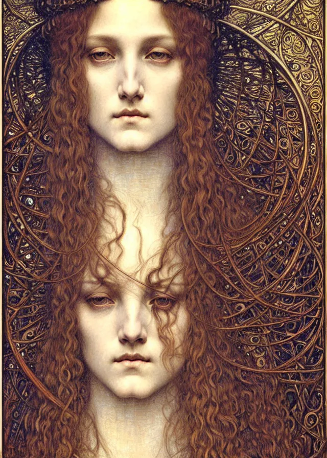 Image similar to detailed realistic beautiful young medieval queen face portrait by jean delville, gustave dore and marco mazzoni, art nouveau, symbolist, visionary, gothic, pre - raphaelite. horizontal symmetry