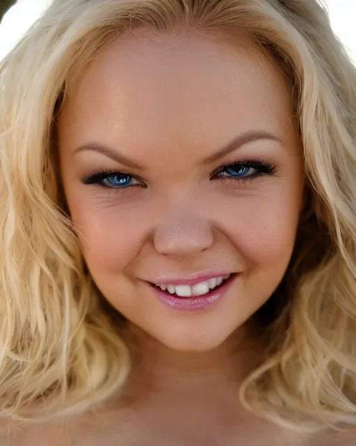 Image similar to closeup portrait gorgeous bree olson, long blonde hair and big eyes, beautiful smile, finely detailed perfect face, standing on the wet street at sunset, a movie directed by christopher nolan, movie still frame, promotional image, imax 7 0 mm footage