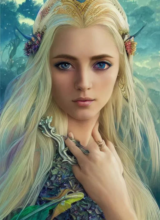 Prompt: blonde beautiful young elven woman, fantasy, extremely detailed gorgeous face, sad eyes, sexy, photo realistic, magical, vaporwave aesthetic, synthwave, long luxurious gown, colorful, psychedelic, intricate, elegant, highly detailed, digital painting, artstation, concept art, smooth, sharp focus, illustration, art by artgerm and greg rutkowski and alphonse mucha