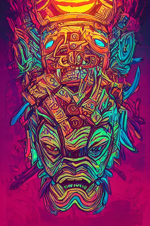 Image similar to totem animal tribal chaman vodoo mask feather gemstone plant wood rock video game illustration vivid color borderlands by josan gonzales and dan mumford radiating a glowing aura