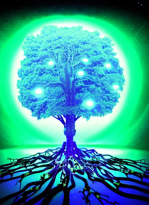 Image similar to high depth, collective civilization tree, calm, healing, resting, life, hybrids, scifi, glowing lights!!, published concept art, mixed medias, image overlays, sharp focus, thin glowing wires, winning illustration, eyes reflecting into eyes into infinity, singularity!!!, 3 6 0 projection