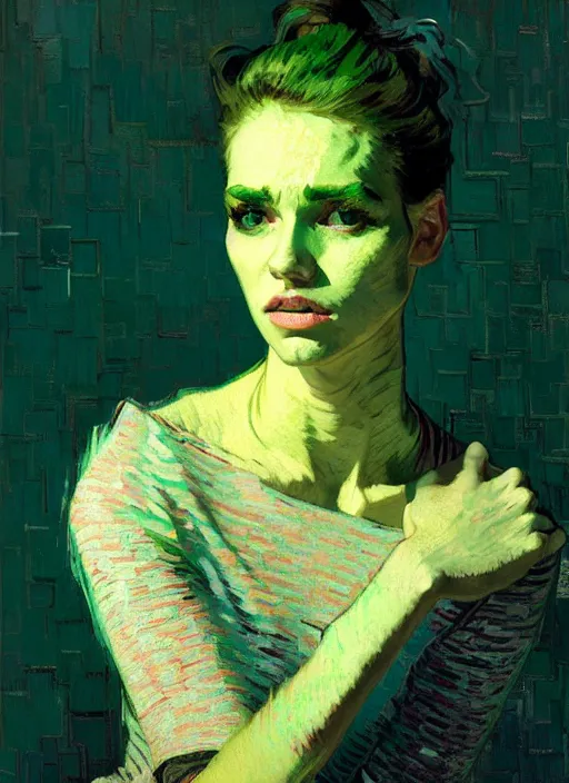 Prompt: portrait of a beautiful girl, eyes closed, open mouth, shades of green, beautiful face, rule of thirds, intricate outfit, spotlight, by greg rutkowski, by jeremy mann, by francoise nielly, by van gogh, digital painting