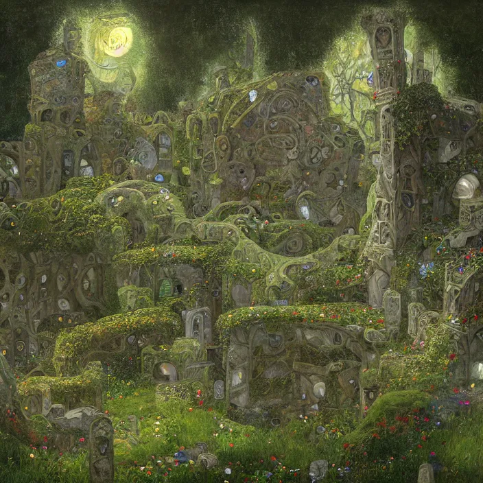 Image similar to ancient overgrown! ruins, medieval gates, runestones, mysetrious etherial mesmerizing runic!! cat eyes, magical elven geometry, concept art by gustav klimt!, deviantart contest winner, environmental art, fairy circle, high detail, intricate masterpiece