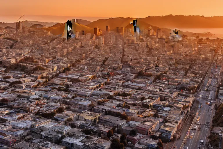 Prompt: aerial view of san francisco post apocalyptic, panoramic photography, golden hour, soft lighting, beautiful photo