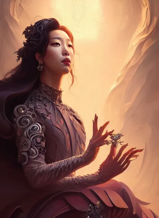 Image similar to Park Shin Hye as a super villain, luxurious, fantasy, intricate, elegant, highly detailed, digital painting, artstation, concept art, matte, sharp focus, illustration, art by WLOP and Peter Mohrbacher and James Jean, masterpiece, Refined, upscaled