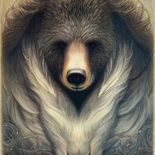 Image similar to bear rabbit hybrid character portrait by jean delville, tom bagshaw, makoto shinkai, gustave dore and marco mazzoni, studio ghibli style, porcelain, histological, biology, zoology artificial intelligence, ebony, ivory, organic, detailed fur, intricate details