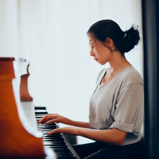 Image similar to a beautiful photo of a sad woman playing piano looking at the camera