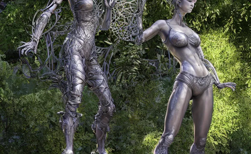 Image similar to The kneeling statue of a woman in a beautiful garden, next to a fountain and a mystical palace, hyperrealistic mixed media, stunning 3d render inspired art by P. Craig Russell and Barry Windsor-Smith + perfect facial symmetry + dim volumetric lighting, 8k octane beautifully detailed render, post-processing, extremely hyperdetailed, intricate futuristic mechanic parts, epic composition, grim yet sparkling atmosphere, cinematic lighting + masterpiece, trending on artstation