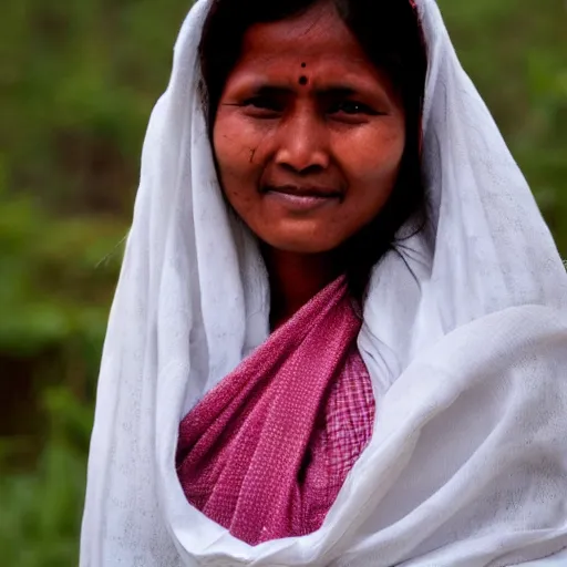 Prompt: a nepali woman wearing a white shawl, realistic