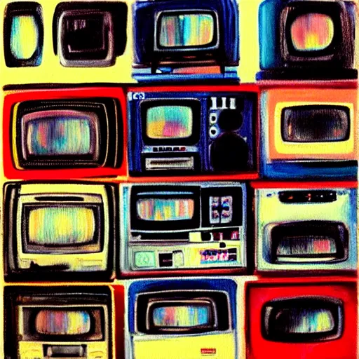 Image similar to fuzzy, furry, array of crt televisions, tv static, antenna, stacked, polaroid, steroids, adult video store, impressionist painting, painting, acrylic painting, cell shaded