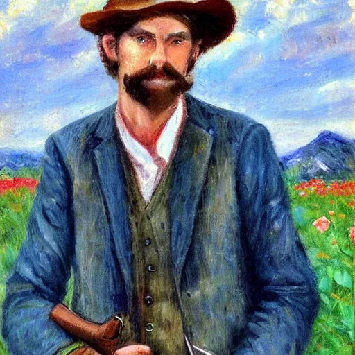 Image similar to an impressionist painting of a tall man with blue eyes and brown hair that is wearing a wide brim leather hat and a leather vest. He is holding a revolver in his left hand and a ((((red rose is in his right hand))))!!!!!!!!!!!, He is standing in a field of roses, Blue sky in the background, trending on artstation