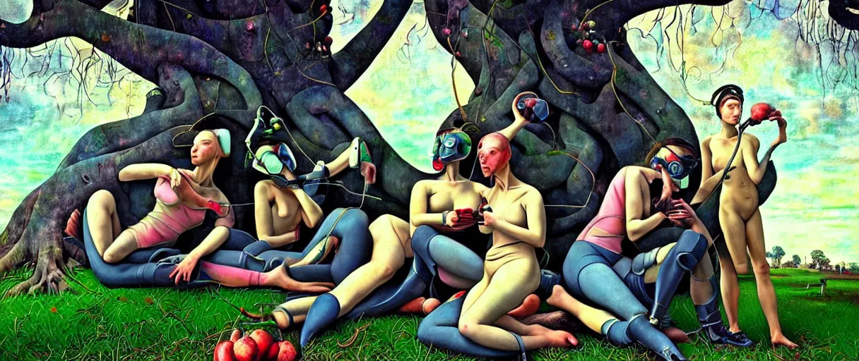 Prompt: minimalist hyperdetailed photorealistic cyborgs under a big tree, eating interesting elaborate fruits. in the style of Caravaggio and Paul Gauguin, with liberty cyberpunk and flemish baroque mixed media elements. beautiful!!!!!!! hyperrealistic soft pastel tones. matte background HD 8x