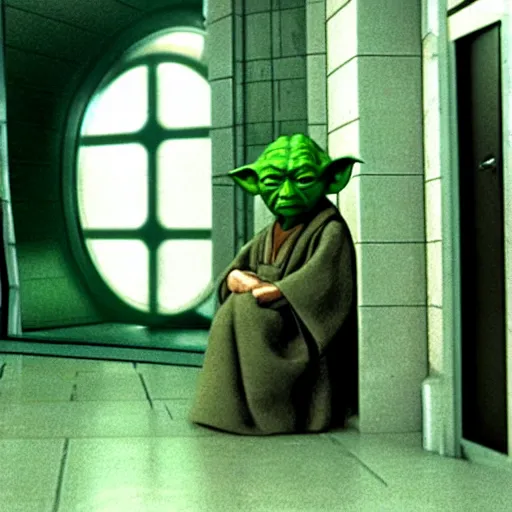 Image similar to master yoda too short to use the urinal in the bathroom of the death star, movie scene from a star wars movie 1 9 9 9