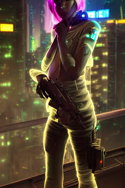 Image similar to portrait futuristic trustworthy cyberpunk young female gunner, in futuristic heavily sandstorm tokyo rooftop cyberpunk night, ssci-fi, fantasy, intricate, very very beautiful, elegant, neon light, highly detailed, digital painting, concept art, human anatomy, soft light, hdri, smooth, sharp focus, illustration, art by tian zi and craig mullins and WLOP and alphonse mucha