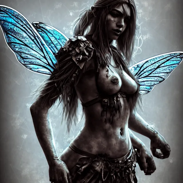 Image similar to full body pose, beautiful adult warrior fairy, dirty, grungy, grunge, highly detailed, 4 k, hdr, smooth, sharp focus, high resolution, award - winning photo, artgerm, photorealistic