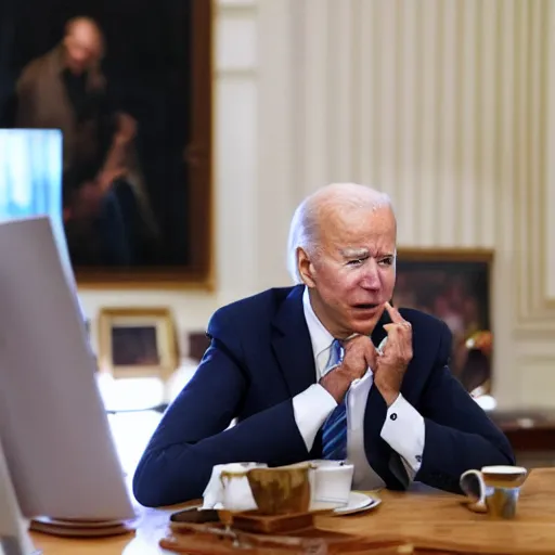 Prompt: Joe Biden yelling at AI art on his computer.