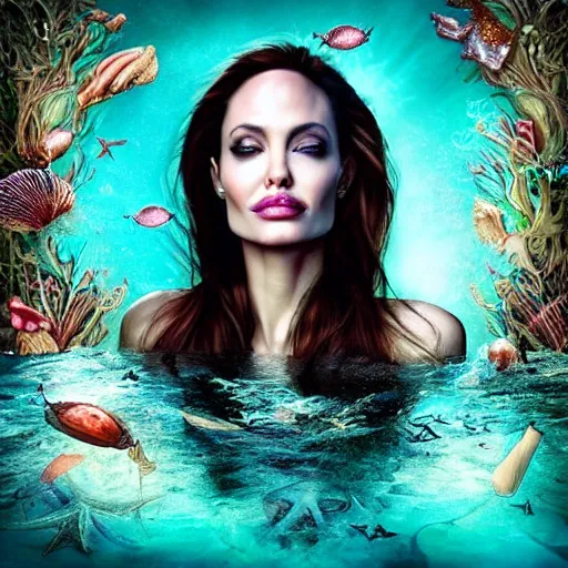 Image similar to “ angelina jolie portrait, fantasy, mermaid, hyperrealistic, game character, underwater,, highly detailed, cinematic lighting, pearls, glowing hair, shells, gills, crown, water, highlights, starfish, goddess, jewelry, realistic, digital art, pastel, magic, fiction, ocean, queen, colorful hair, sparkly eyes, fish, heroic, waves, bubbles ”