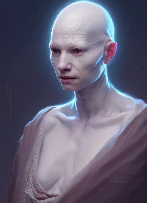 Image similar to portrait of an albino bald sick oracle, ancient oracle, intricate, elegant, glowing lights, highly detailed, digital painting, artstation, concept art, smooth, sharp focus, art by wlop, mars ravelo and greg rutkowski