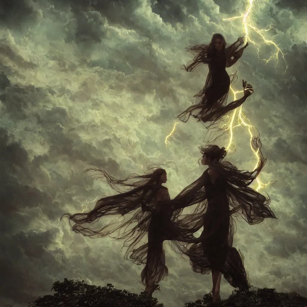 Image similar to dark towering magical firelightning storm, extreme drama, distant glowing figures, hdr, movie still, fully photorealistic, sharper luminescent focus, nd 6, art by john collier, albert aublet, krenz cushart, artem demura, alphonse mucha, diffuse lighting, artstation, smooth, textless, sharp focus,