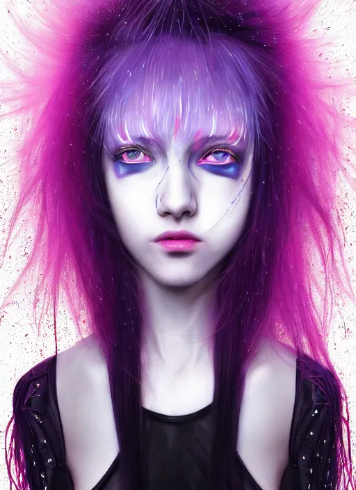 Image similar to hair whitebangs hair, black cyberlox, portrait of teenage girl with white bangs, whitebangsblackhair, messy bangs, cyberlox, whitebangs, red irises, purple clothes, intricate, elegant, glowing lights, highly detailed, digital painting, artstation, concept art, sharp focus, illustration, art by wlop, mars ravelo and greg rutkowski