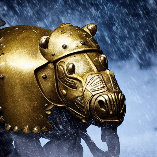 Image similar to fantasy art 4 k photo of hippos in very detailed shiny plate armor engraved in gold ready for battle in a blizzard