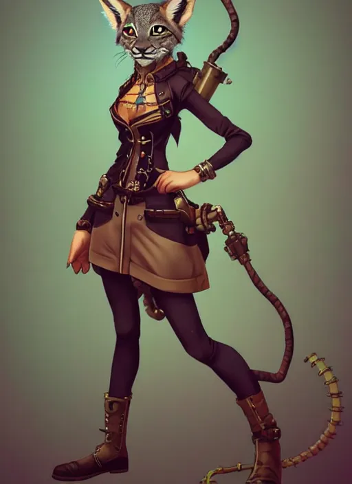 Prompt: wide angle beautiful full body portrait of a strong female anthropomorphic anthro lynx fursona wearing a steampunk dress. character design by disney, anime, manga, charlie bowater, ross tran, artgerm, and makoto shinkai, detailed, soft lighting, rendered in octane