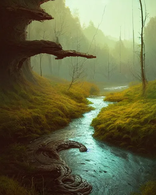 Image similar to professional ominous impressionist painting of a winding river by artgerm and greg rutkowski. an intricate, elegant, highly detailed digital painting, concept art, smooth, sharp focus, illustration, in the style of simon stalenhag, wayne barlowe, and igor kieryluk.