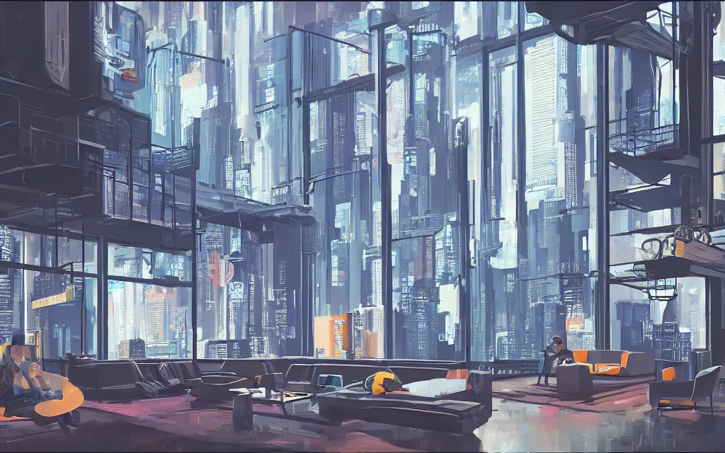 Image similar to cyberpunk loft lounge with tall windows, no people, city in background, drawn by feng zhu