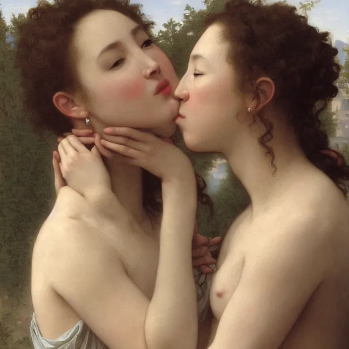 Prompt: jodie comer and sandra oh kiss by william - adolphe bouguereau