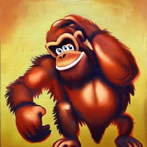 Prompt: Donkey Kong as Jesus Christ, dying on the cross for our sins, oil painting